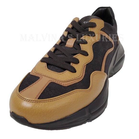 GUCCI SNEAKERS MENS RHYTON BLACK GG SUPREME BROWN LEATHER SHOES sz 8 8.5 - Picture 5 of 16